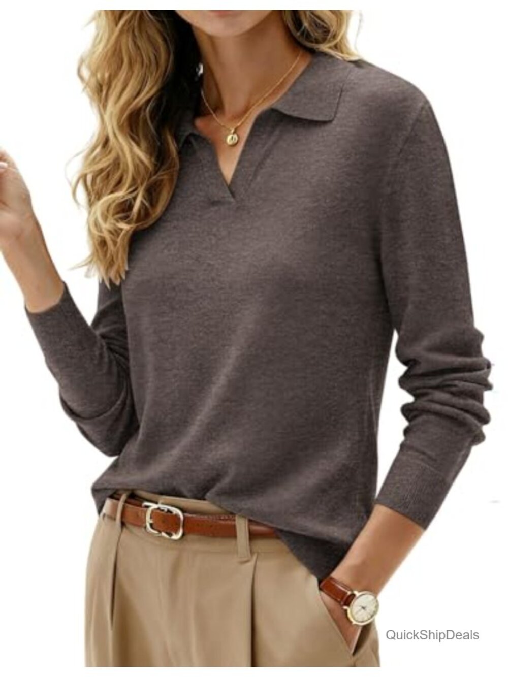 Wool Blend V Neck Sweater Long Sleeve Polo Collar Pullover